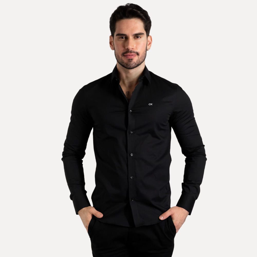 Camisa Calvin Klein Tricoline Slim Fit Preta