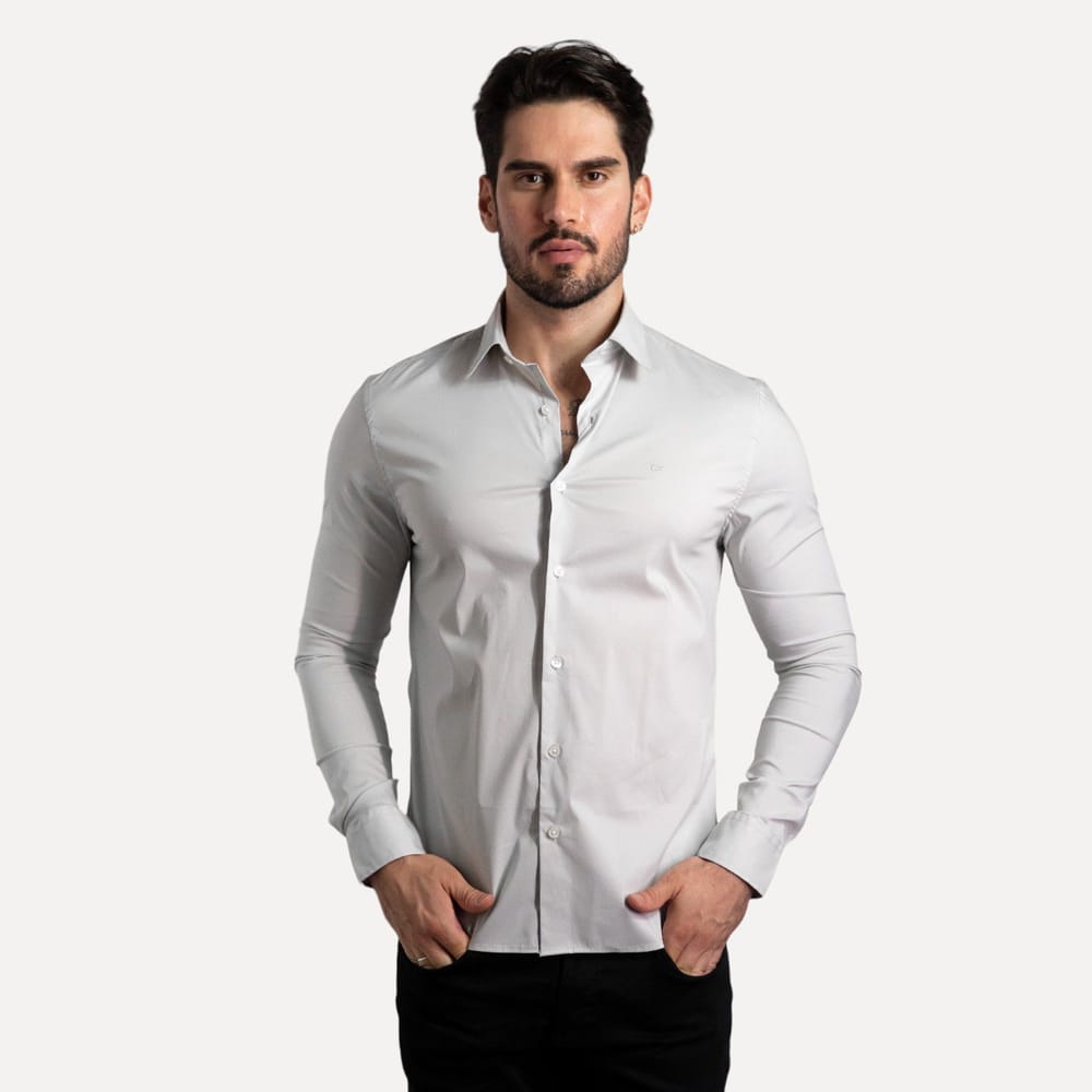 Camisa Calvin Klein Tricoline Slim Fit Cinza Claro