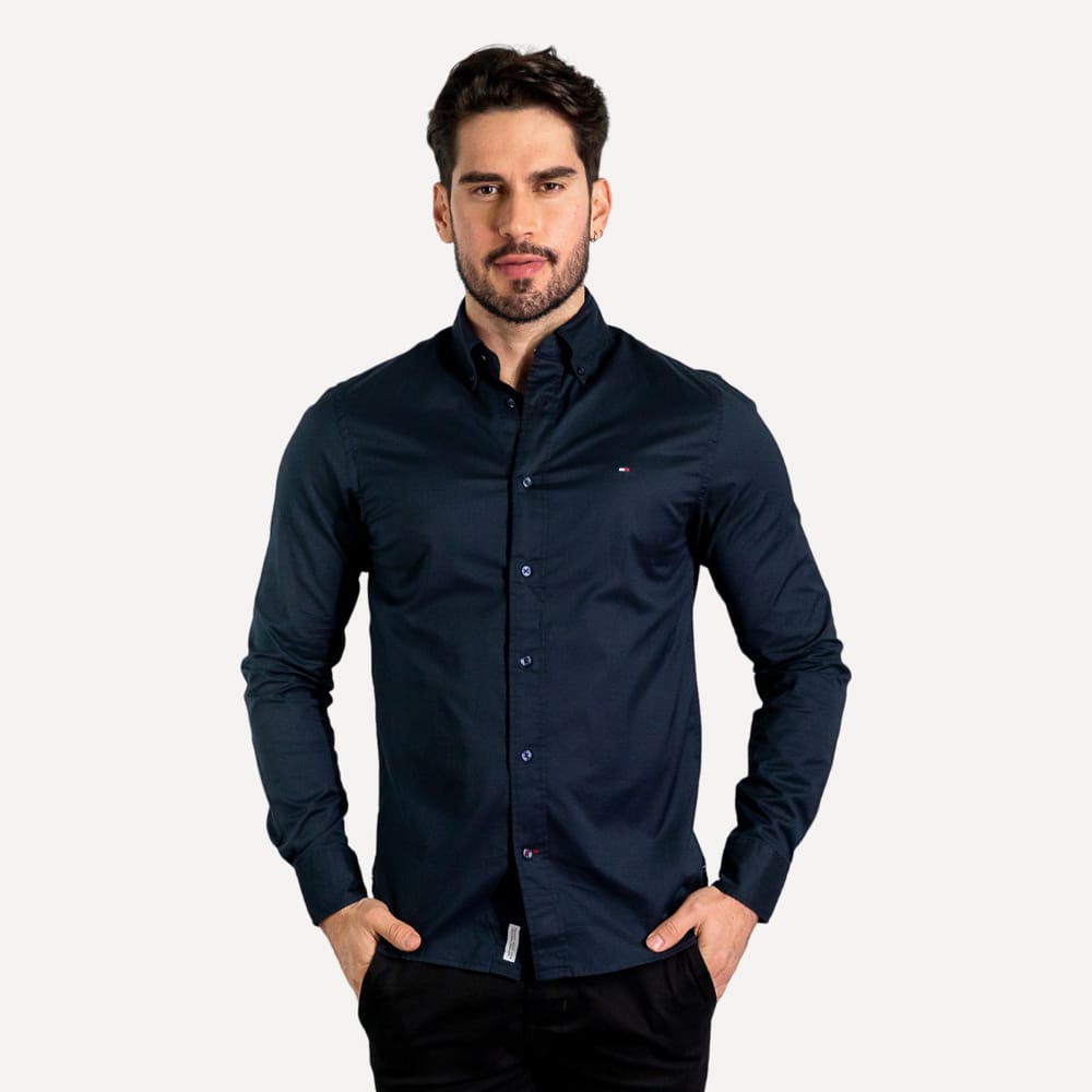 Camisa Flex Regular Fit Tommy Hilfiger Azul Marinho