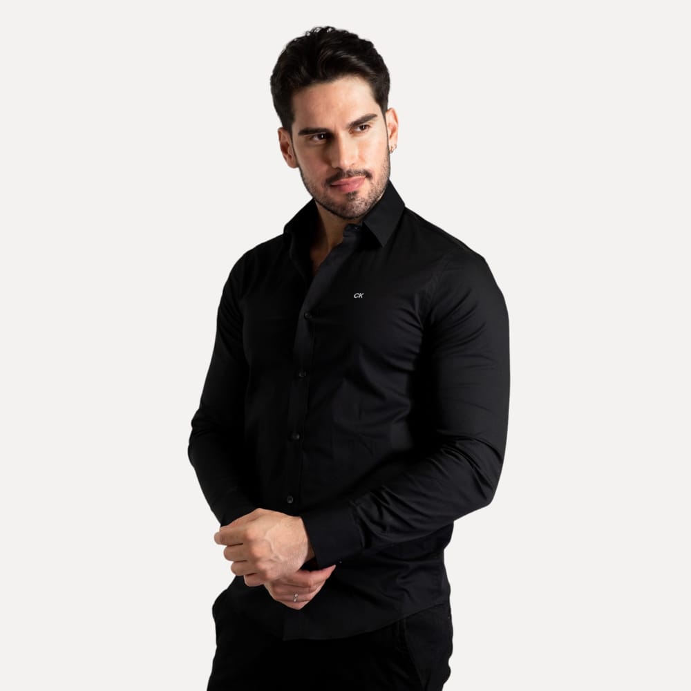 Camisa Calvin Klein Tricoline Slim Fit Preta